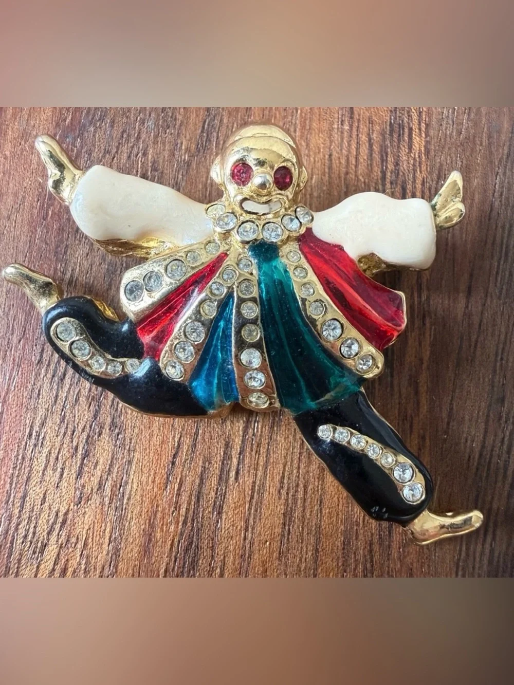 Vintage Gold Tone Rhinestone Enamel and Red Clown Brooch Pin Leaping